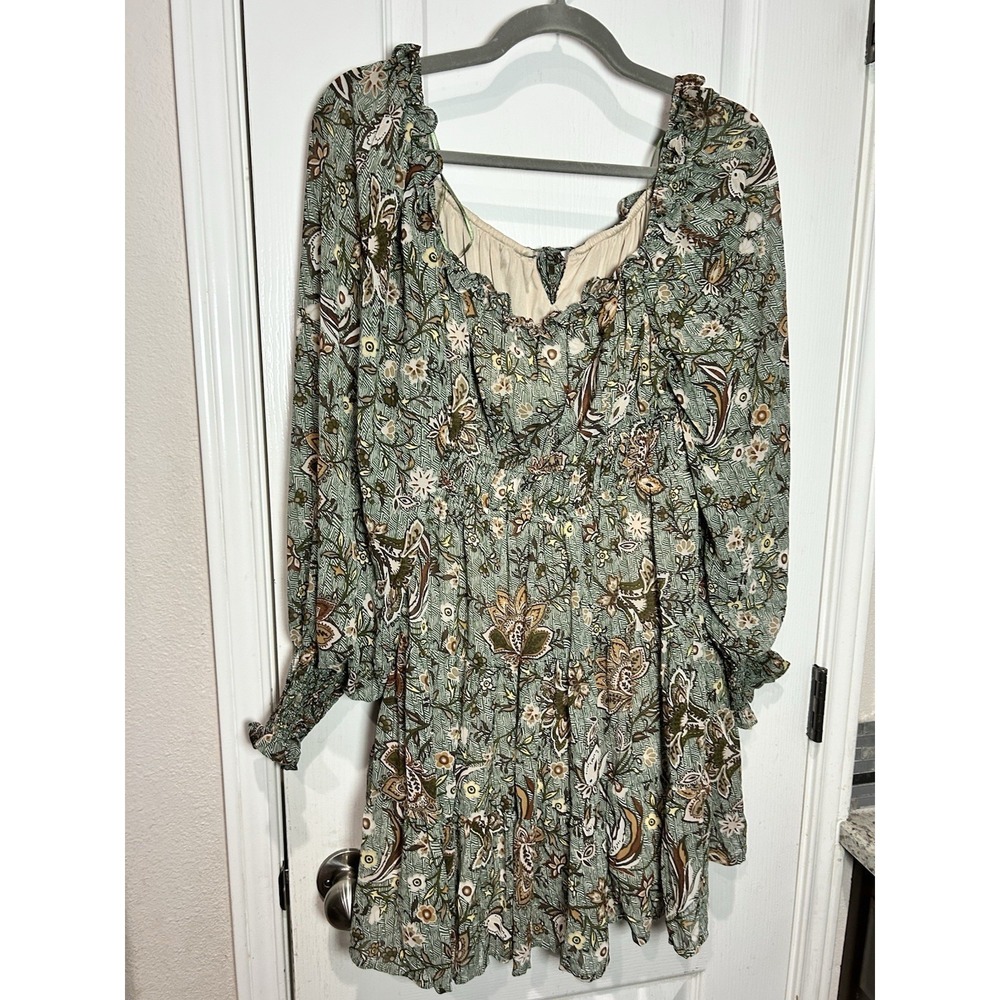 Blu Pepper Ruffle Green Floral Mini Dress Long Sleeve Cuffs Folk Peasant Boho - Picture 4 of 6
